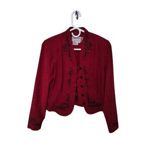Red velvet cropped vintage jacket, Spanish-inspired look, beautiful ornamental